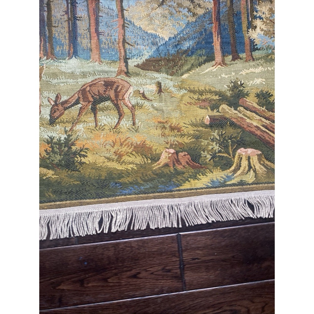Vintage Deer Forrest Cabin Wall Hanging Tapestry 53 x 25" Hunting Scene - Picture 13 of 16